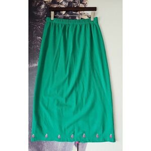 QUACKER FACTORY Green Stretch Knit A-Line Midi Embroider Trim Rear Slit Skirt 1X